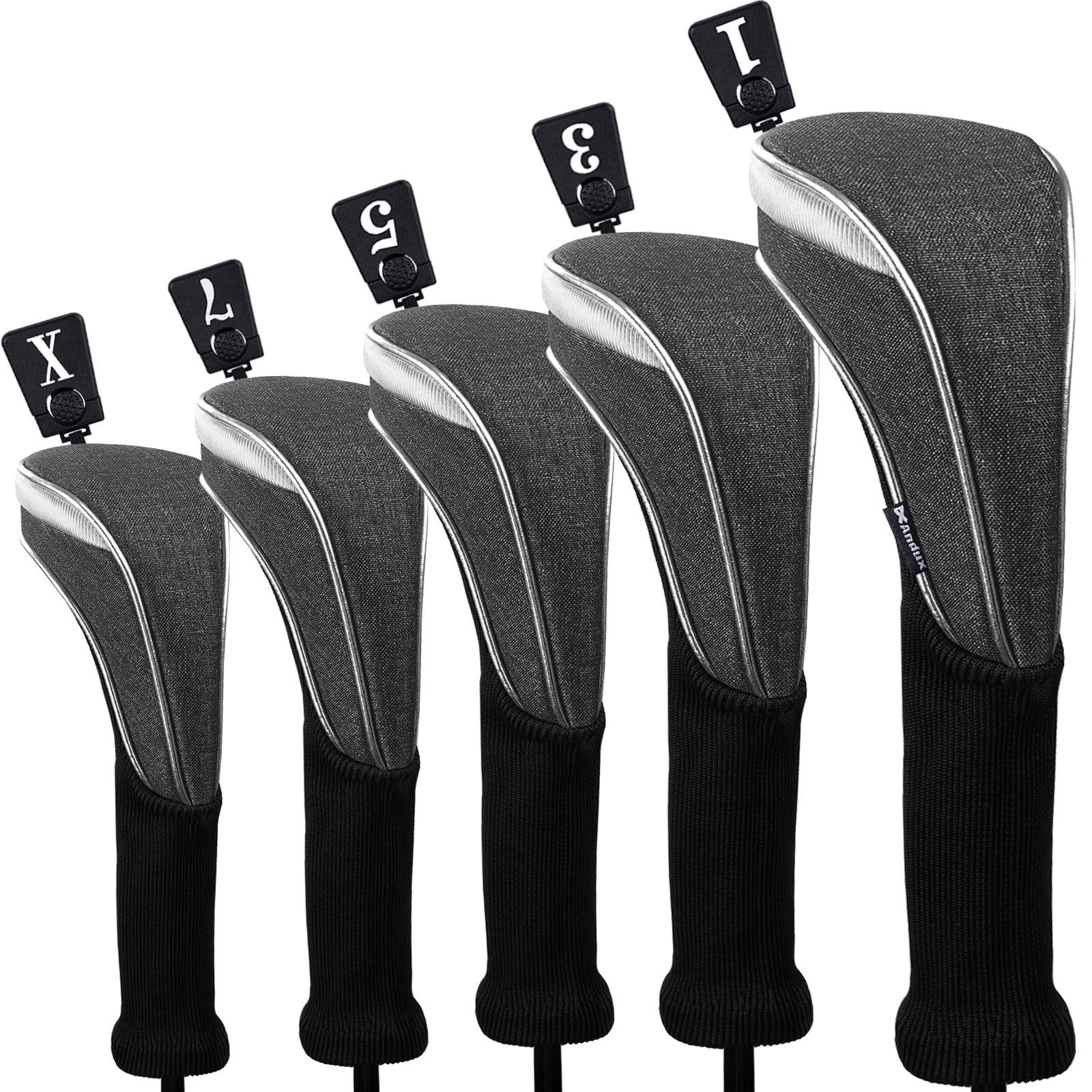 Andux 5pcs/Set Nylon Golf Wood Club Head Covers 460cc Driver Covers Long Neck Grey