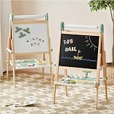 Tiny Land Foldable Wooden Kids Easel with Magnetic Letters &amp; Numbers | Folds flat for storage, Spelling and counting for ages 3-12, Double-sided board, 3 heights, Paper roll included. Soft Sage