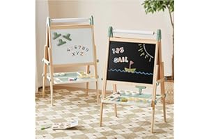 Tiny Land Easel for Kids, Double-Sided Magnetic Easel with Drawing Accessories, Adjustable Wooden Kids Art Easel with Paper Roll, Learning-Toy for 3,4,5,6,7,8 Years Old Boy & Girls Green