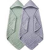 SWEET DOLPHIN Muslin Hooded Baby Bath Towels - 2 Pack 100% Cotton Towel for Babies, Infants, Toddlers - 32x32Inch - Highly Absorbent and Newborn Essential, Green and Grey
