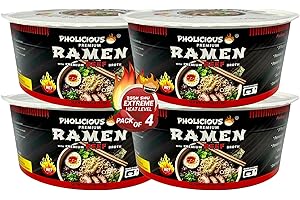 PhoLicious All New Extra Spicy Beef Ramen Noodles – Premium Instant Ramen Bowl with Real Broth Mix with Spices, Asian Food, Microwavable Cup for Lunch, Meals & Snacks - Beef Flavor (4 Pack)