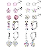 10/12 Pairs Hypoallergenic Flat Back Earrings - Stainless Steel Set for Sensitive Ears - Cute Girls & Toddler Earrings