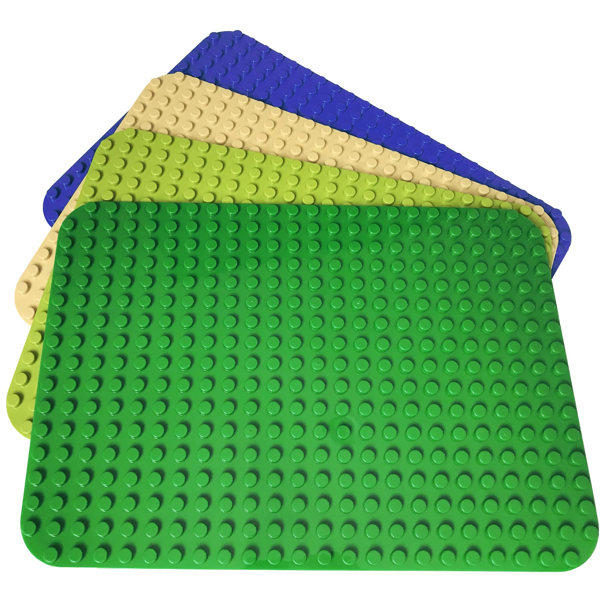 APOSTROPHE Games Building Block Base Plates for Large Blocks 38.1 cm x 26.7 cm Assorted Colors, Compatible with Leading Brands, (4 Pack - Green, Light Green, Sand, Blue)