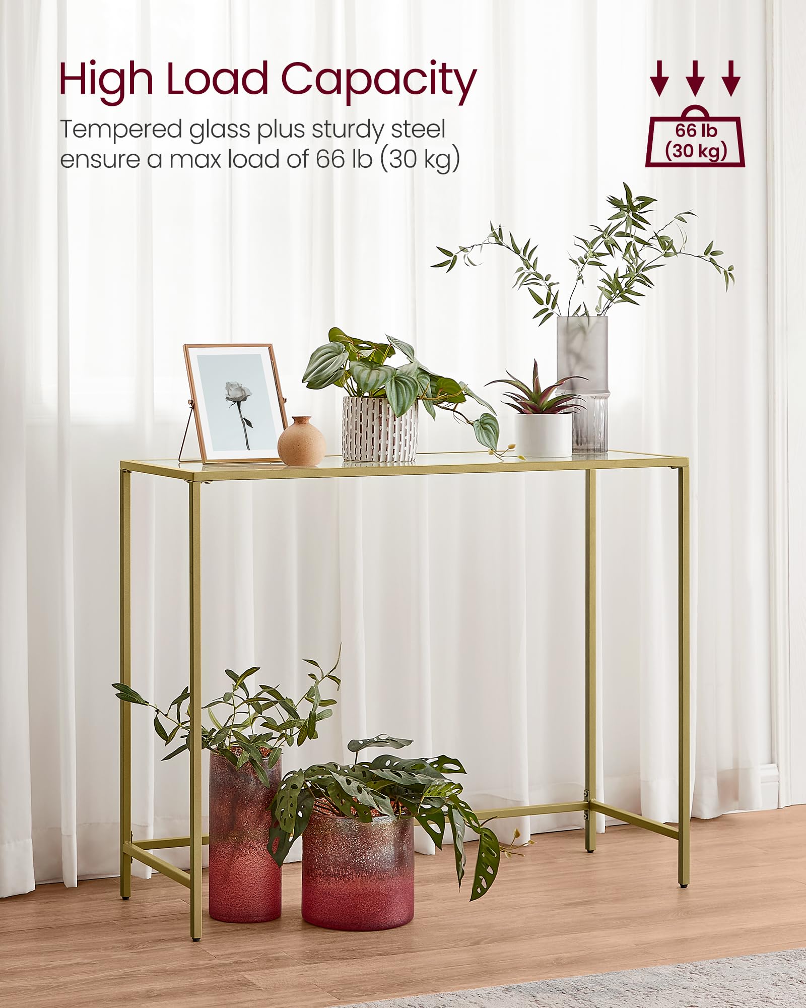 VASAGLE Entryway Table, Console Table, Tempered Glass Tabletop, Modern Sofa Table, Easy Assembly, with Adjustable Feet, for Living Room, Entryway, Pale Gold and Transparent ULGT132A01