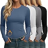 Neer 4 Pack Women's Fleece Thermal Long Sleeve Shirts, Thumb Holes Crew Neck Slim Fit Tops Warm Workout Basic Undershirt