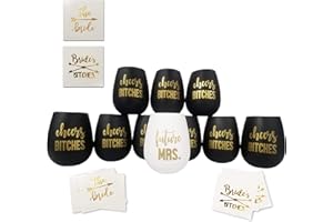 Cheers Bitches Bachelorette Party Silicone Wine Glass- Set 10 Black and Gold Glasses with Temporary Tattoos - Bridesmaid Wedd