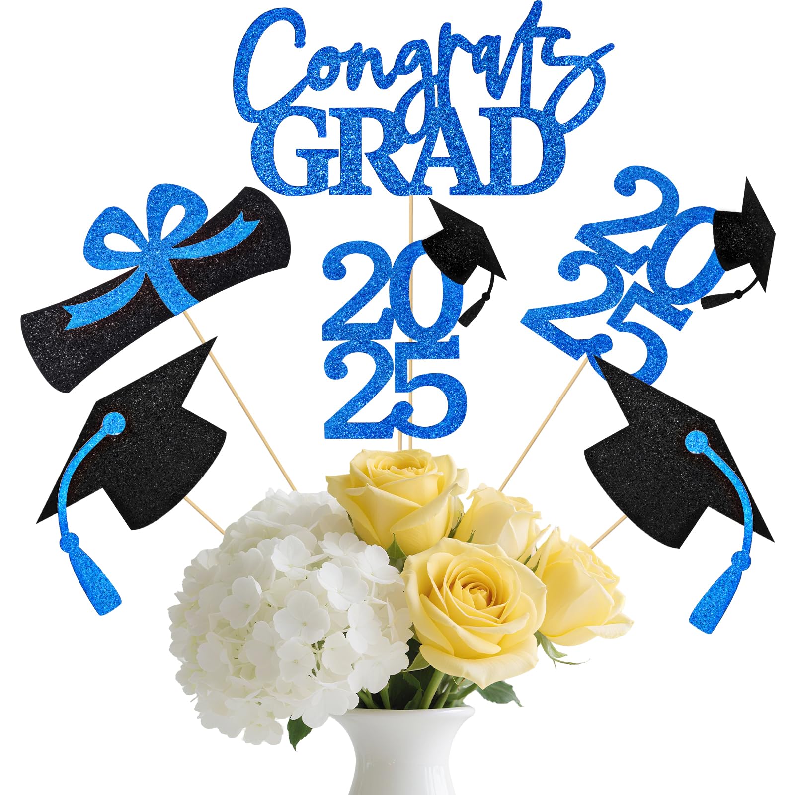 Photo 1 of 16 Pcs Graduation Decorations Class of 2025, Black & Blue Double-Sided Graduation Centerpieces, Graduations Party Centerpieces, Graduation Party Decorations for Table Toppers