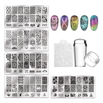 Fameza 5pcs Nail Stamping Plates + 1 Stamper + 1 Scraper Lace Flower Animal Pattern Nail Art Stamp Stamping Template Image Plate Nail Art Stamper Scraper Nails Tool