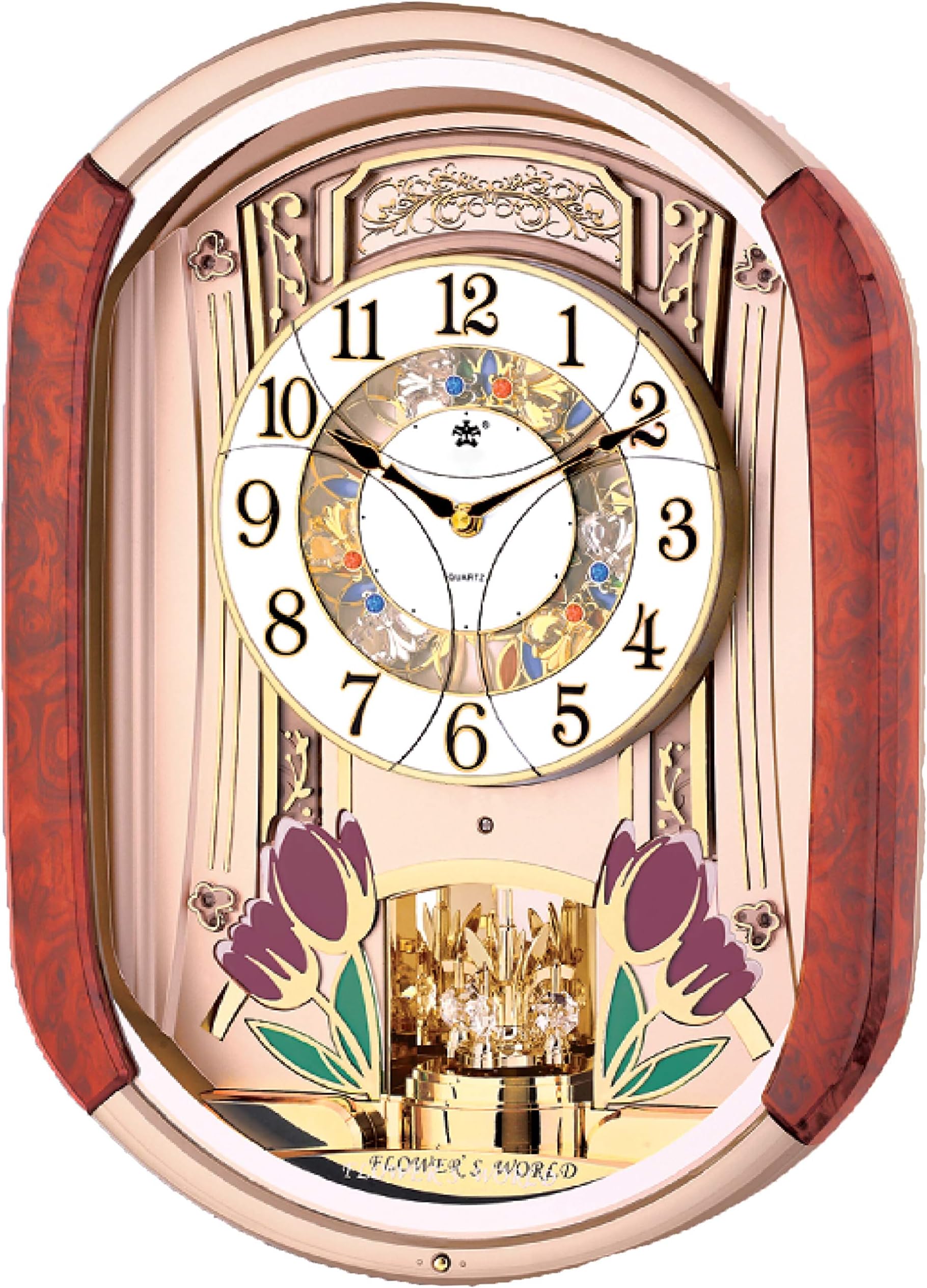 PWR Musical Motion Wall Clock 2.0 | Rhythm Melodies Music & Moving Dial | Color: Woodgrain & Gold | Sound & Movement with Crystals & LED Lights | Music: Classic, Christmas, Therapeutic