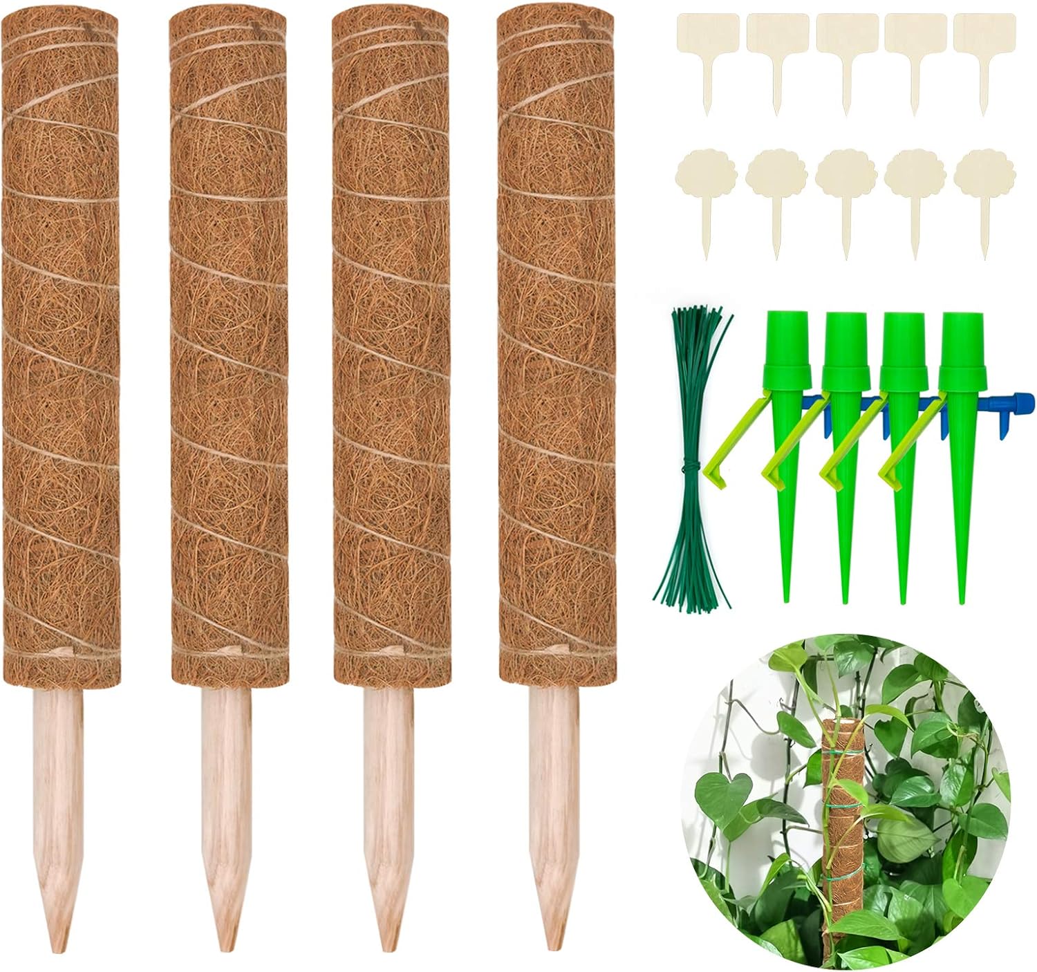 Halcyerdu 4 Stück 40 cm Kokosstab, mit 10 Pflanzenschilder, 50 Pflanzenbinder und 4 Automatisch Bewässerung, für Zimmerpflanzen, Pflanzstab Kokos Rankstab Rankhilfe Blumenstab