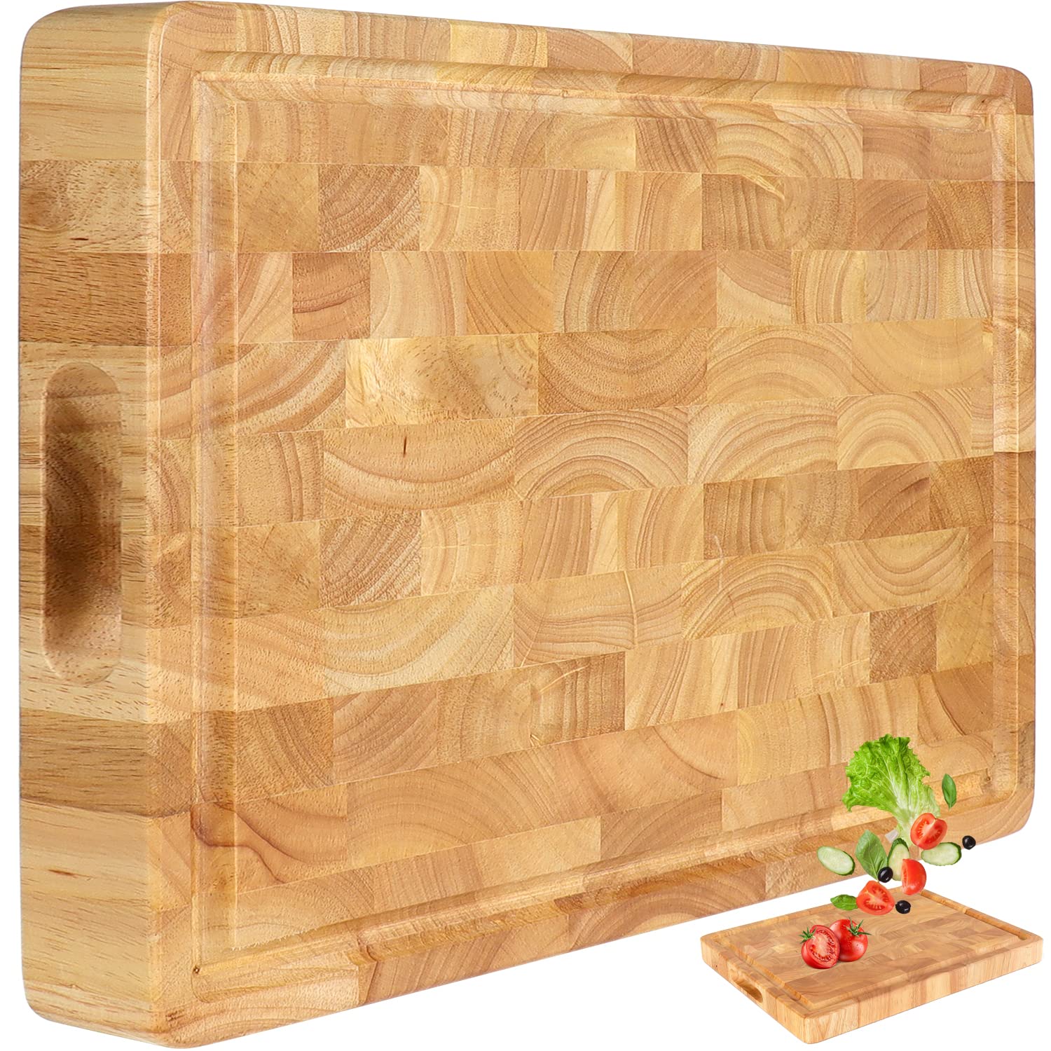 Photo 1 of Wooden Butcher Block End Grain Cutting Board - 17x13x1.5in Reversible Multipurpose Chopping Board with Juice Groove, Cracker Holder & Inner Handles