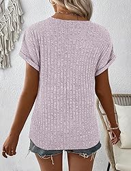 Koscacy Womens Short Sleeve Tops V Neck Zip up