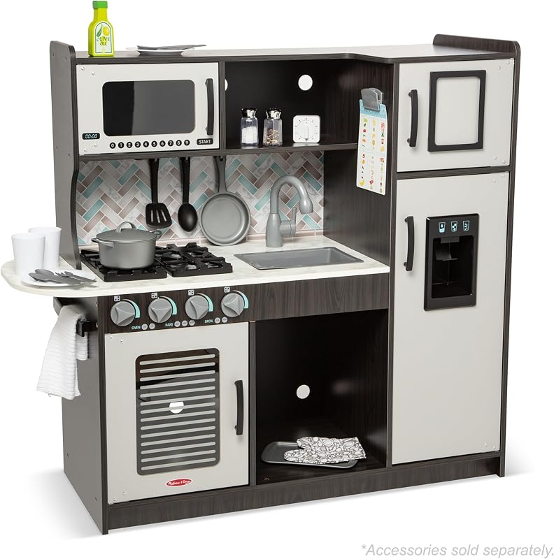 Cuisine-Jouet de Petit Chef en Bois pour Enfants - Gris Anthracite - Distributeur Inclus - Jeu de Cuisine pour Tout-Petits de 3 Ans et Plus