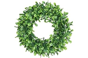 Lvydec Artificial Green Leaves Wreath - 15" Boxwood Wreath Outdoor Green Wreath for Front Door Wall Window Party Décor