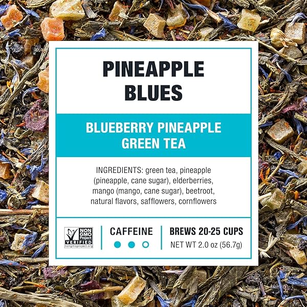 TIESTA TEA – PINEAPPLE BLUES, LOOSE LEAF, BLUEBERRY PINEAPPLE GREEN TEA, PREMIUM TROPICAL BLEND, MEDIUM CAFFEINATED GREEN, MAKE HOT OR ICED, BREWS UP TO 25 CUPS, 2 OUNCE RESEALABLE POUCH