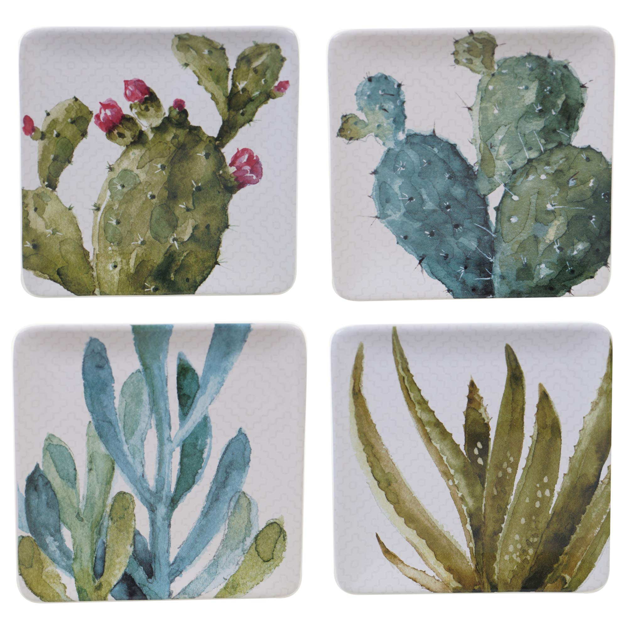 Photo 1 of Cactus Verde Set of 4 Square 8.5" Ceramic Salad/Dessert Plates – Assorted Watercolor Cactus Designs – Southwestern-Inspired Tableware for Snacks, Appetizers, and Entertaining