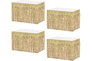 MZJU 4P Wavy Metallic Tinsel Foil Fringe Table Skirts for Rectangle Tables Backdrop Garland Curtains for Parade Floats Wedding Birthday Parties Decoration Graduation 2025 Christmas (Champagne)