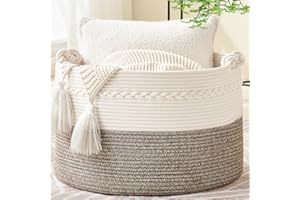 KAKAMAY Large Blanket Basket (20"x13"),Woven Baskets for storage Baby Laundry Hamper, Cotton Rope Blanket Basket for Living Room, Laundry, Nursery, Pillows, Baby Toy chest (White/Beige)