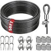 NAZOU 3/16 Inch Coated Steel Wire Rope, Hanging String Lights, Clotheslines | Available in 50/100/150/200 FT, Braided Metal Cable Kit for Garden, Patio and Camping Use