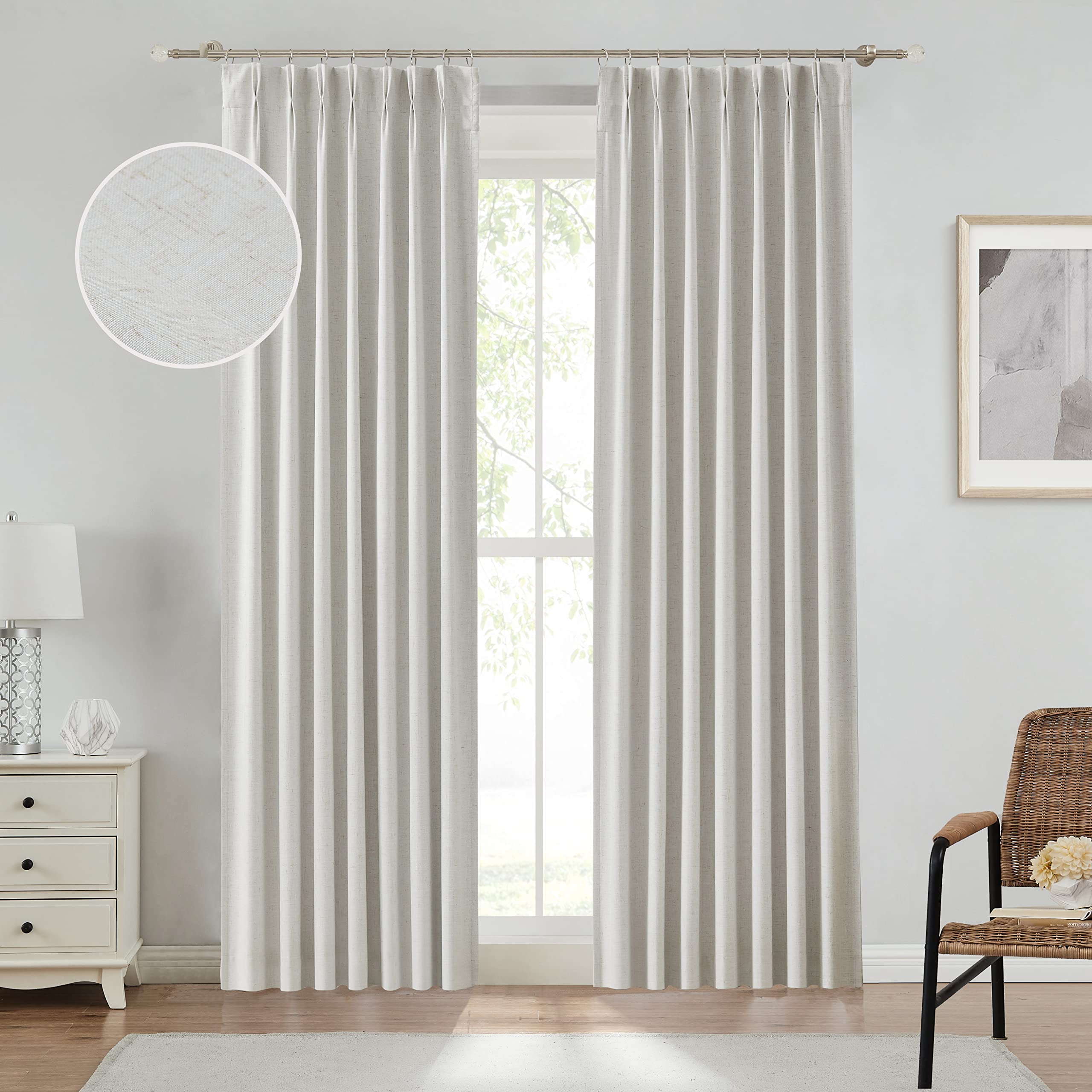 Pinch Pleated Full Blackout Curtain Panels Linen Texture Thermal Insulated Window Treatment Sets with Back Tab for Farmhouse Living Room Bedroom Energy Efficient Drape with Hooks, 40"x95"x2, Natural