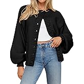 MEROKEETY Women's Fall Long Lantern Sleeve Cardigan Sweaters Casual Button Down Crewneck Open Front Coat