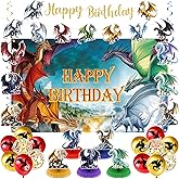 Dragon Birthday Party Decorations Black Gold Dragon Knight Party Supplies with Birthday Banner Backdrop Honeycomb Topper Hanging Swirls Balloons for Kids Dinosaur Decor (Blue)