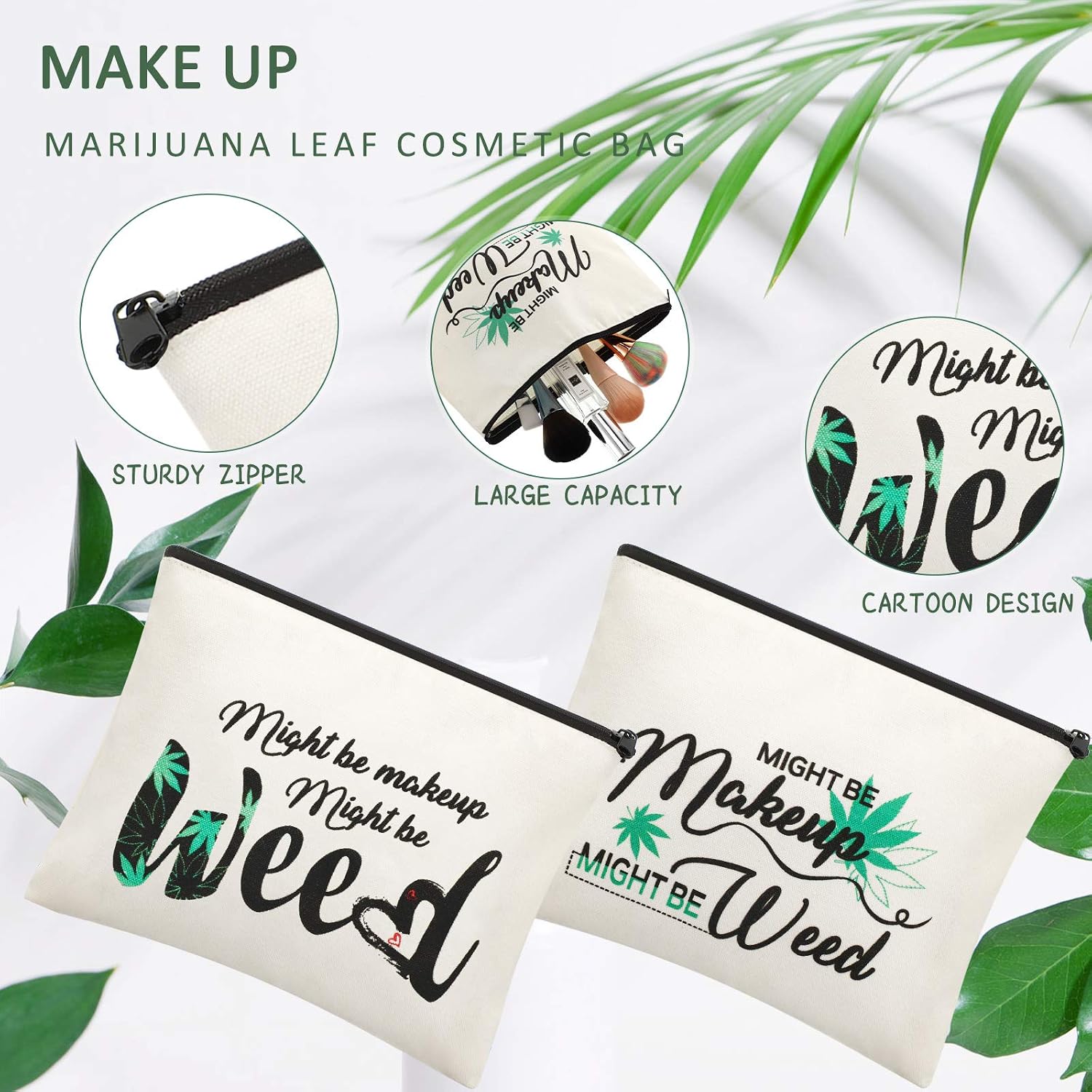 2 Pieces Leaf Makeup Cosmetic Bag Might Be Makeup Bag Funny Weed Leaf Cosmetic Bag Weed Cosmetic Bag Multipurpose Makeup Case with Zipper for Women Girls Vacation Travel - Image 4