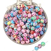 DAHI 100pcs 12mm Round Polymer Clay Beads Assorted Colorful Painted Flower Beads Handmade Loose Beads for Jewelry Making (12mm)
