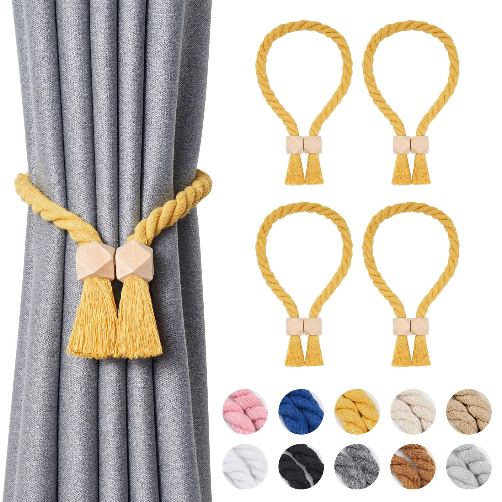 Pretty Jolly 4 Pack Wooden Polyhedron Magnetic Curtain Tiebacks Boho Home Decor Drape Tie Backs Natural Cotton Hand Woven Rope Curtain Holdbacks for Home & Office Window Draperies (Yellow)