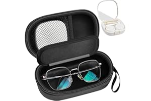 GWCASE Portable 2 in 1 Contact Lens Case and Glasses Case, Traveling Contact Cases Bag Box Holder with Soak Storage Kit Included Built-in Mirror, Tweezer, Lens Solution Bottle and Hand Strap-Black