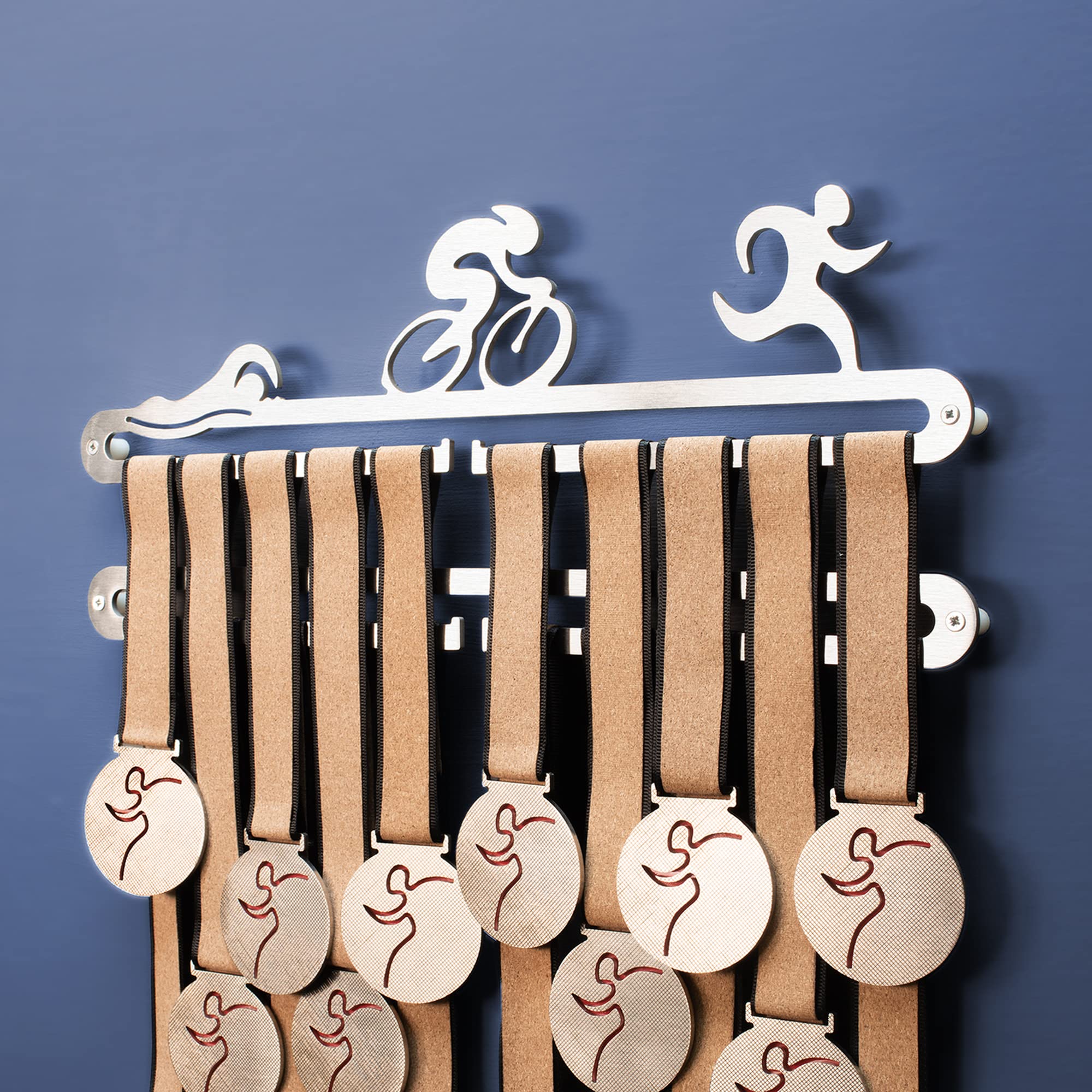 Qthrone Triathlon Medal Holder Double hanger - Wall-Mounted Medal Display Holder, Elegant Brushed Stainless Steel Medal Rack medal holder, Showcase, Organize, for Ironman Triathlete