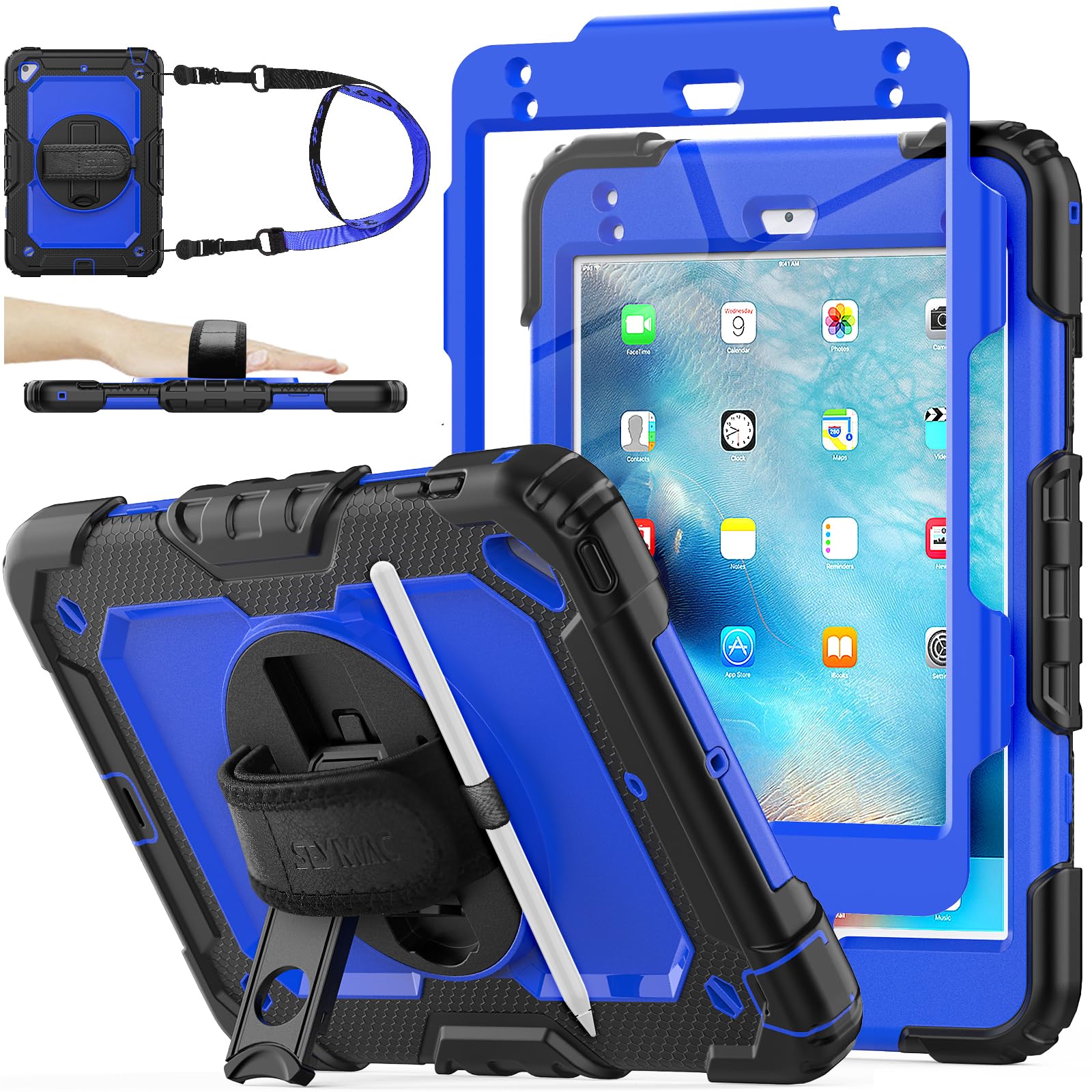 SEYMAC stock Case for iPad Mini 5th/4th Generation 7.9'', Full-body Protective Case with Screen Protector, Pencil Holder, 360° Rotating Stand & Hand Strap for iPad Mini 5/ Mini 4, Blue