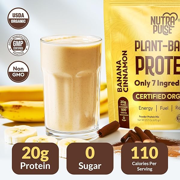 NUTRAPULSE BANANA CINNAMON VEGAN PROTEIN POWDER – 20G PLANT-BASED PROTEIN – ORGANIC, NON-GMO, GLUTEN-FREE, SOY-FREE – IDEAL FOR SMOOTHIES, SHAKES, BAKING – 1 PACK (20 SERVINGS)