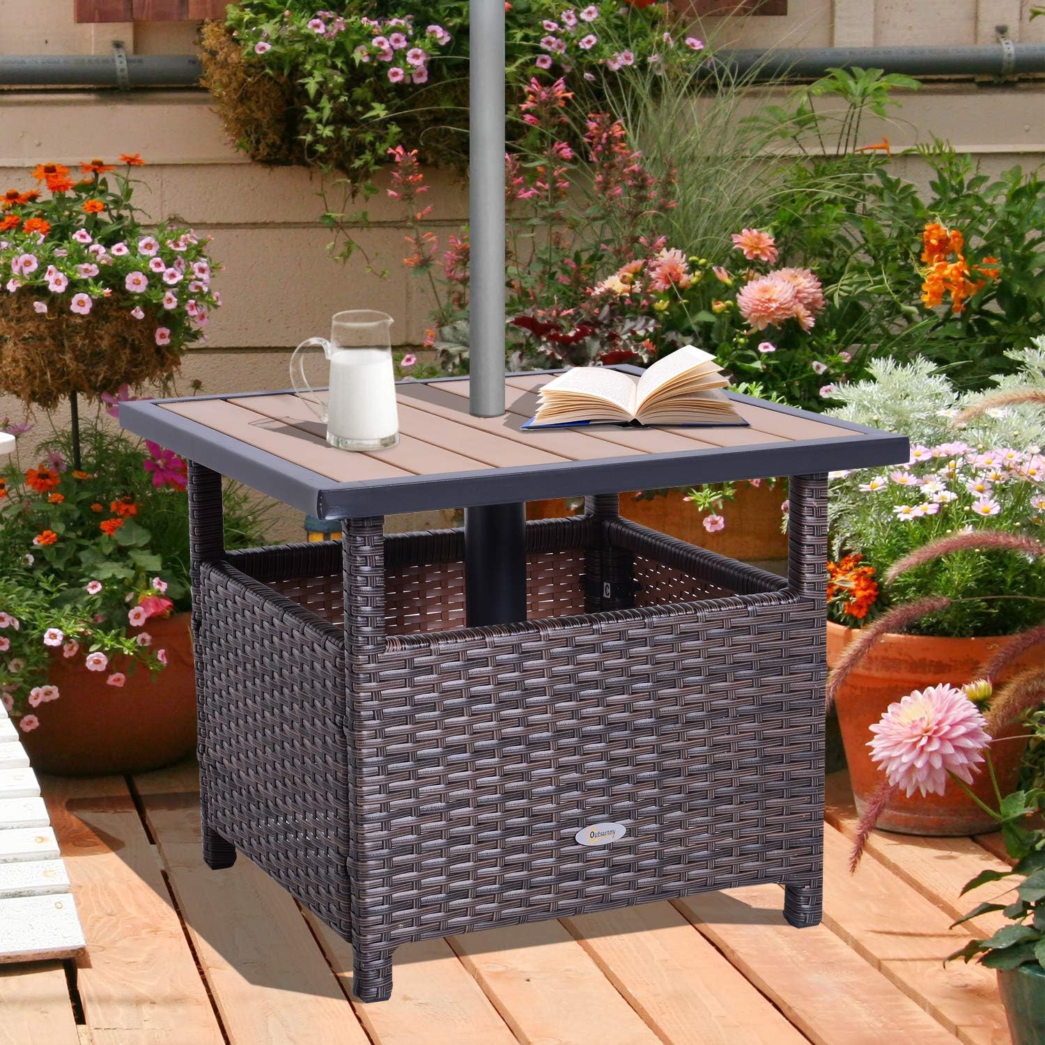 Outsunny Polyrattan Beistelltisch Gartentisch Schirmstander Fur Sonnenschirm