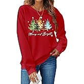 HQP Christmas Sweatshirts Women: Merry and Bright Shirts Christmas Tree Graphic Long Sleeve Shirt Xmas Holiday Pullover Tops