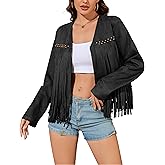 KWSTAIN Leather Jacket Women Oversized Fringe Cropped Faux Suede Long Sleeve Western Cowgirl Motorcycle Coat with Pockets