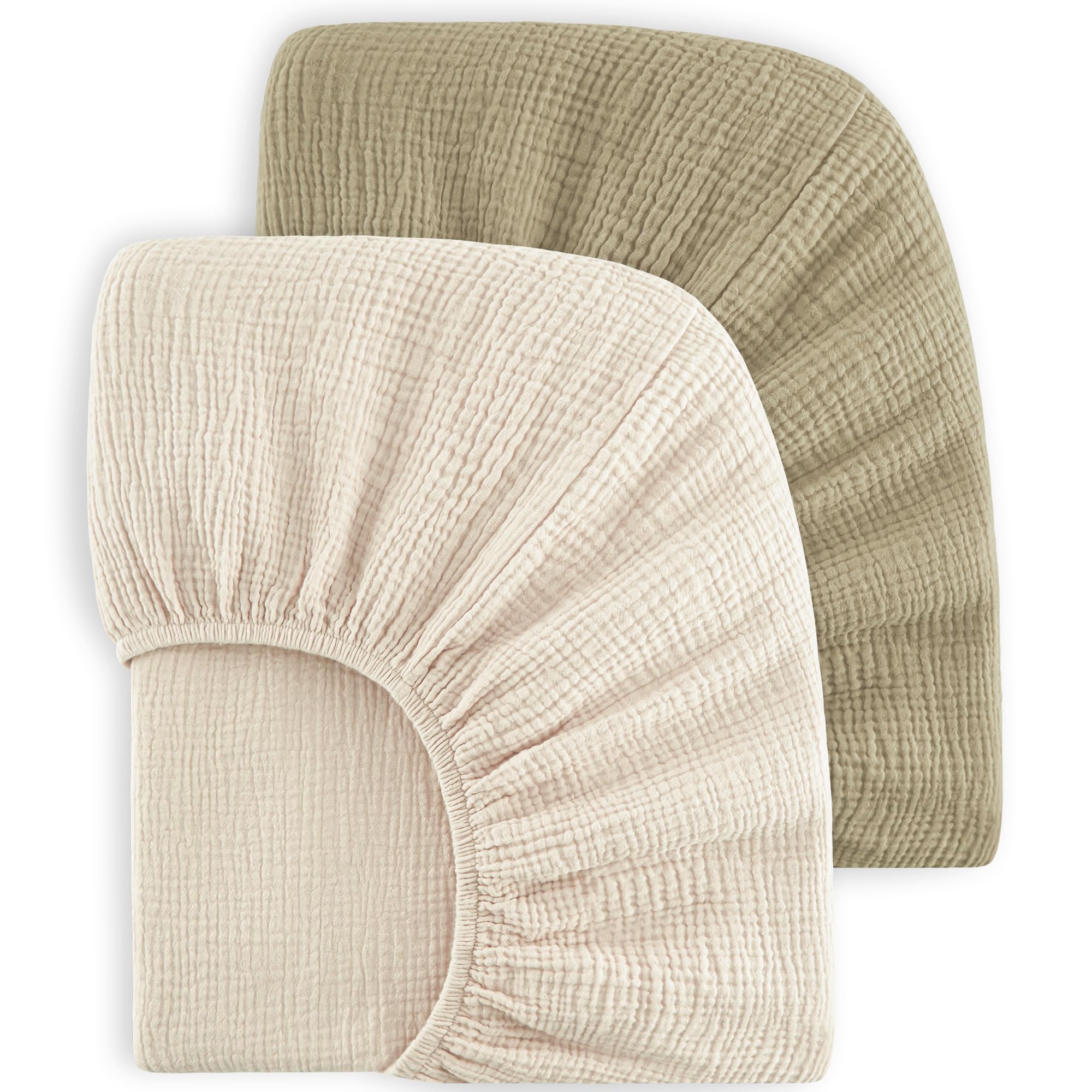 Photo 1 of Bearmoss Muslin Crib Sheets 100% Cotton Baby Crib Sheets Fitted for Standard Crib Mattress & Toddler Bed Mattress 52"x28" Soft Breathable Crib Sheet Neutral for Boys Girls - 2 Pack (Oat Latte)