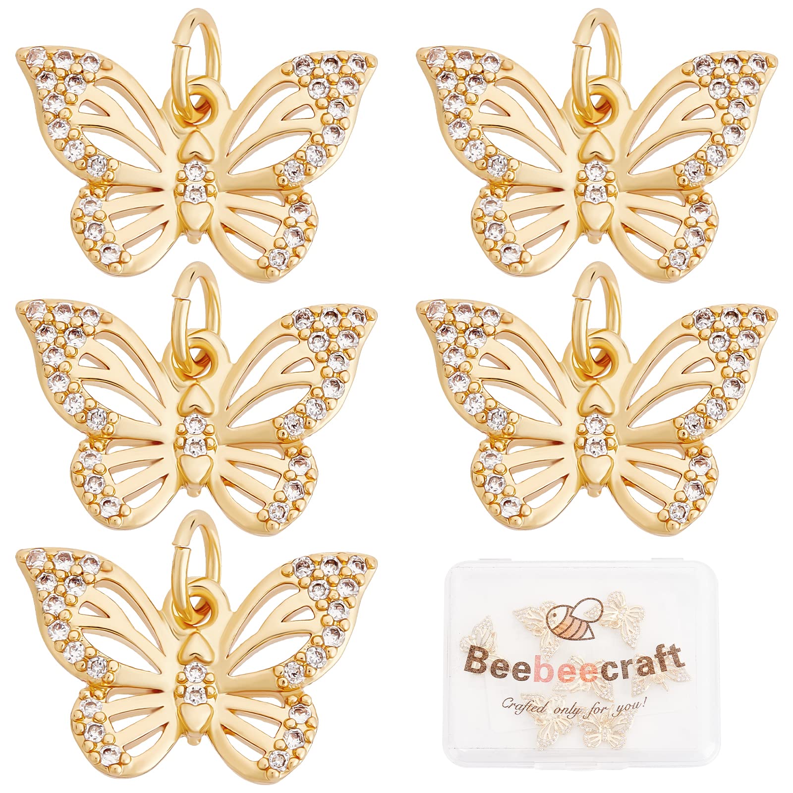 Beebeecraft 10Pcs/Box Butterfly Charms 18K Gold Plated Butterfly Charms Cubic Zircon Animal Pendants with Jump Ring for Jewelry Making Bracelet Choker Necklace Earring