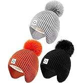 Alepo 3 Pack Baby Winter Hats with Earflaps, 2 Size Kids Pompom Beanie for Toddler Children, Smiley Face Hat for Girls Boys