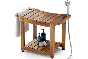 BLUEWEST Shower Bench Seat with Storage Shelf, Natural Wood Shower Benches for Inside Shower to Sit on, Waterproof Bathroom S