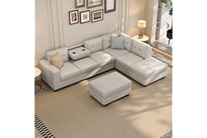 P PURLOVE Sectional Sofa Couch with Reversible Chaise and Ottoman, Linen L-Shape Couch with 2 Pillows and Cup Holder, Sectional Sofas for Living Room (Light Gray)
