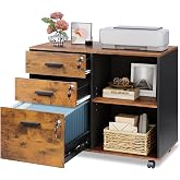DEVAISE 3-Drawer File Cabinet with Lock, Wood Filing Cabinet, Rustic Brown | Rolling Printer Stand, Office Cabinet, Open Storage Shelves, Letter &amp; A4 Compatible, Home Office, Under Desk Storage