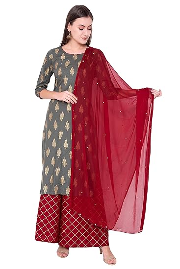 Womens Rayon Gold Printed Kurta And Palazzo With Chiffon Dupatta Set (Grey)