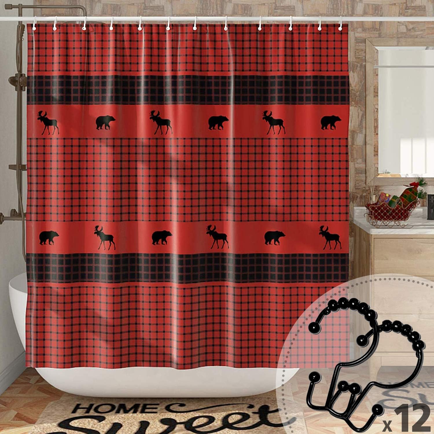 DESIHOM Red Buffalo Plaid Shower Curtain with 12 Rust