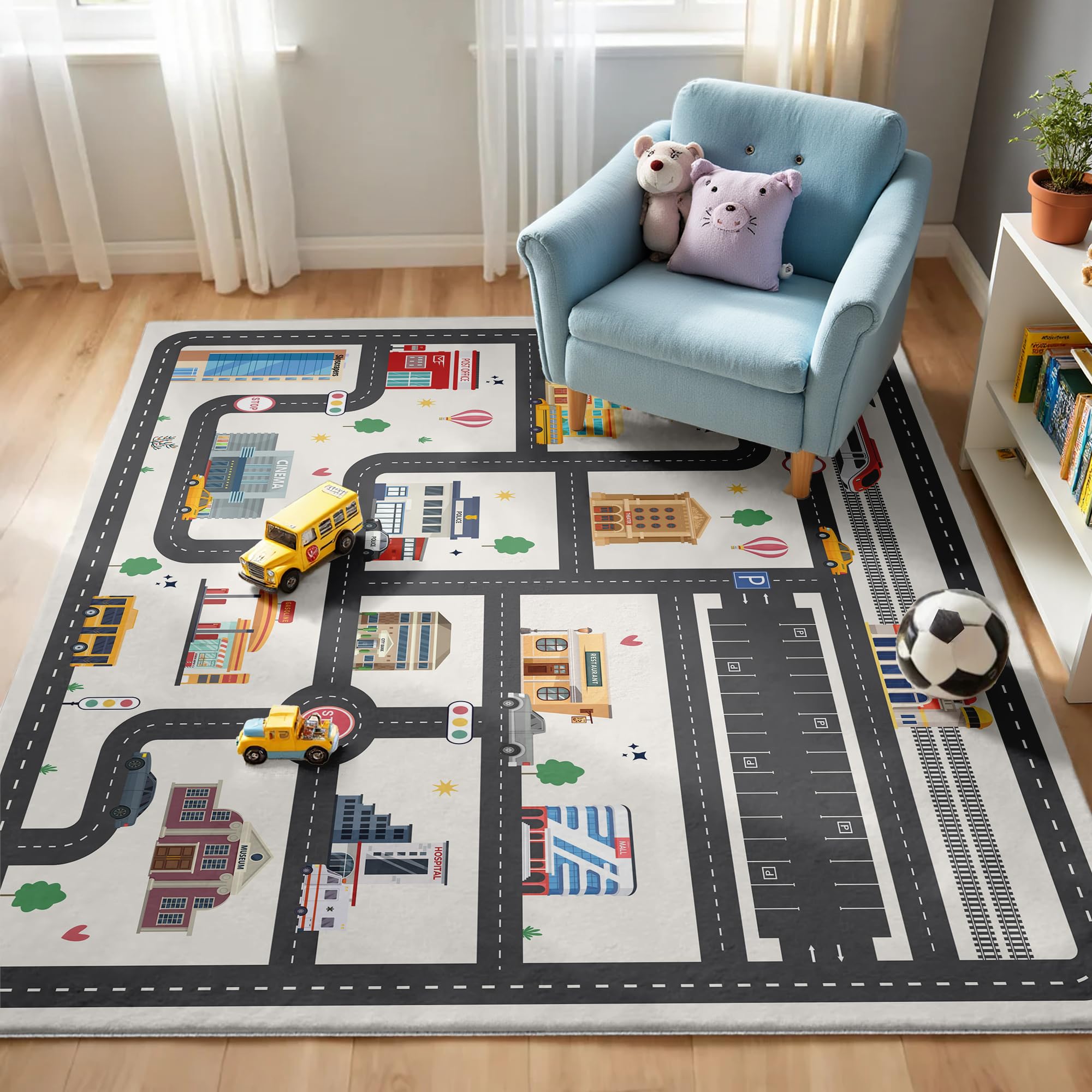 Photo 1 of 5x7ft Kids City Road Car Play Rug - Non-Slip Faux Wool Carpet with Interactive City Map Design, Educational Toy Vehicle Mat for Kids, Bedroom Playroom Nursery Gift.