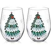 Joeyan Christmas Crystal Stemless Wine Glasses,Hand Painted Red or White Wine Glass Tumbler Cups,Large Green Xmas Tree and Snowflakes Patterned Drinking Glasses,Gift for Men Women Family,19oz,Set of 2