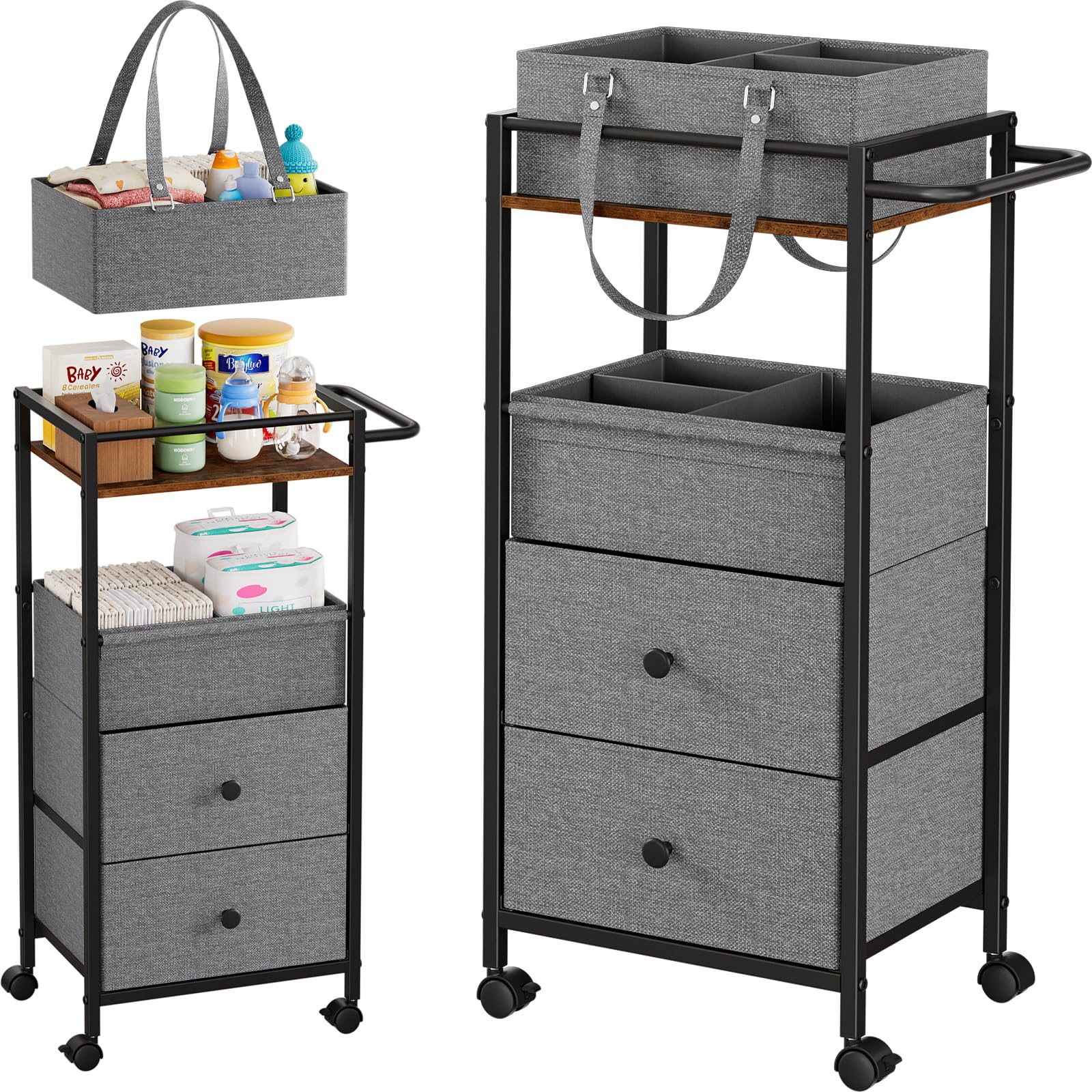 Photo 1 of Modanais Baby Diaper Caddy Organizer Cart with Drawers - 3In1 Rolling Storage Cart with Wheels, Removable Diaper Caddy, Detachable Dividers - for Crib, Bedroom, Art & Craft Organizer (Black)