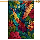 BlissYard Hummingbird House Flag 28x40 Inch Double Sided – Stained Glass Garden Flag for Outdoor Yard Porch, Colorful Floral Bird Design