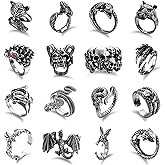 ORAZIO 16Pcs Gothic Open Rings Set for Men Women Punk Adjustable Snake Dragon Claw Animal Rings Vintage Goth Skull Rings Indie Aesthetic