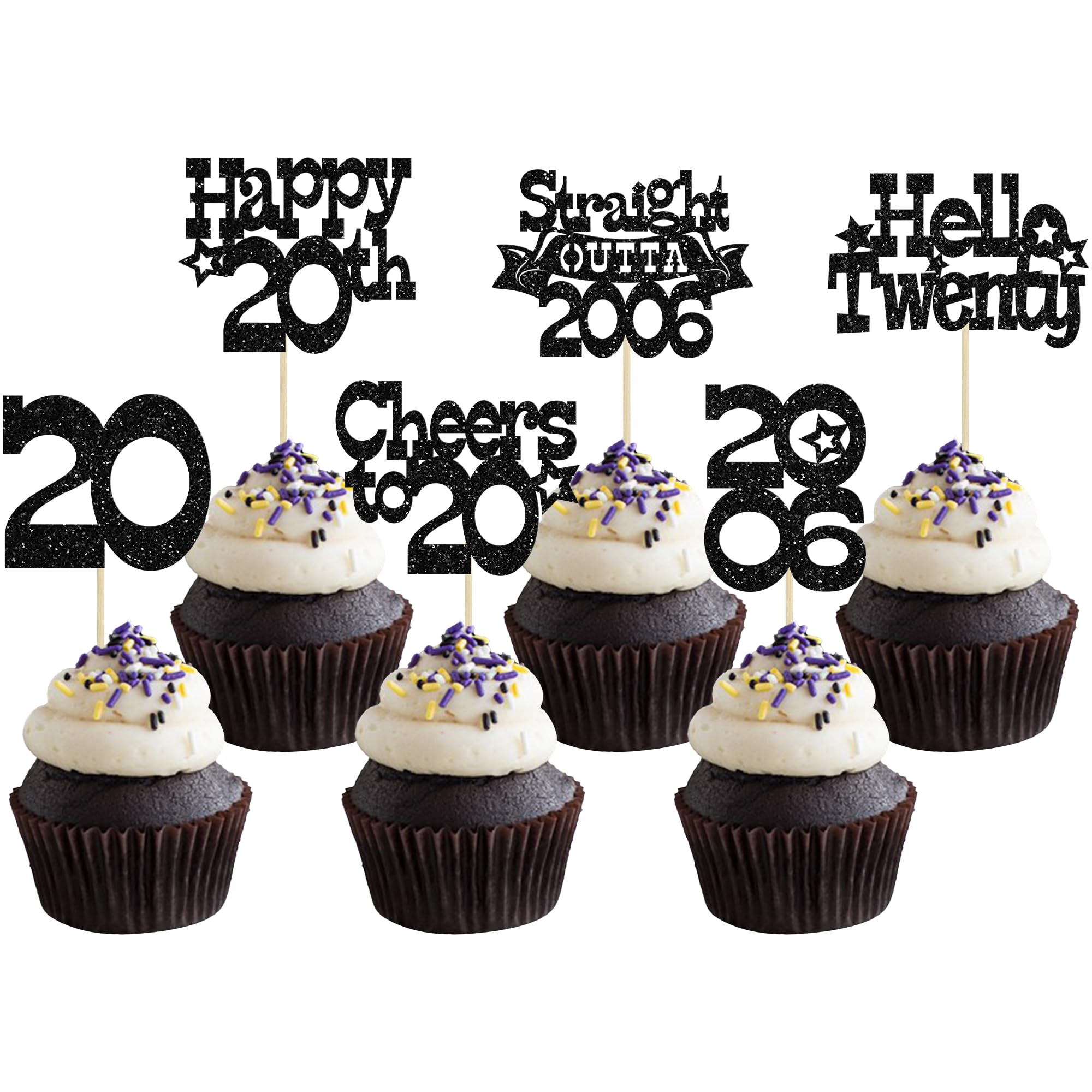 Ephlyn 30Pcs Straight Outta 2006 Cupcake Toppers Glitter Twenty Happy 20th Birthday Cupcake Picks Cheers to 20 Years Cake Decorations for 20th Birthday Anniversary Party Supplies Black